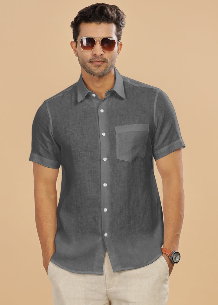 Ted - Pure Linen Half Sleeve Shirt - Charcoal Grey