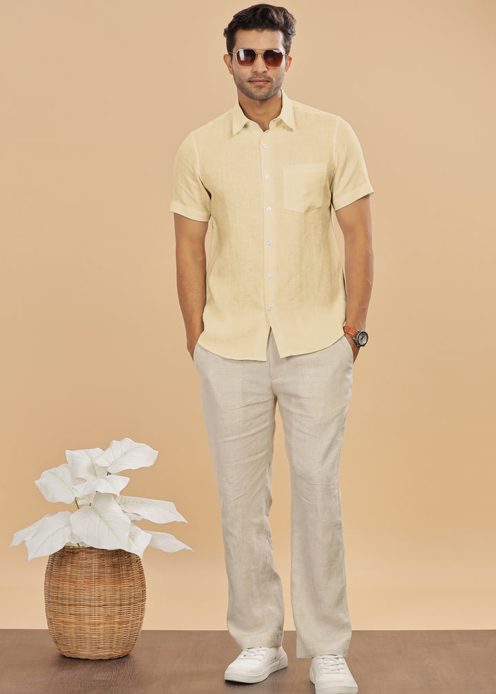 Ted - Pure Linen Half Sleeve Shirt - Light Yellow