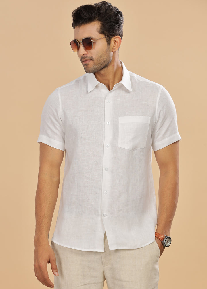 Ted - Pure Linen Half Sleeve Shirt - White