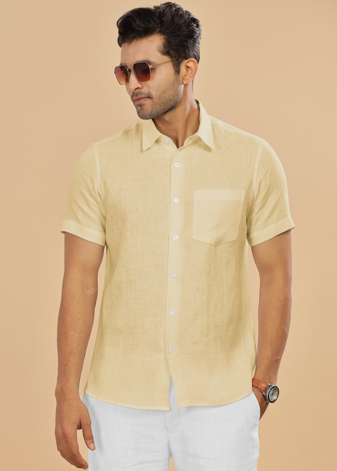 Ted - Pure Linen Half Sleeve Shirt - Light Yellow