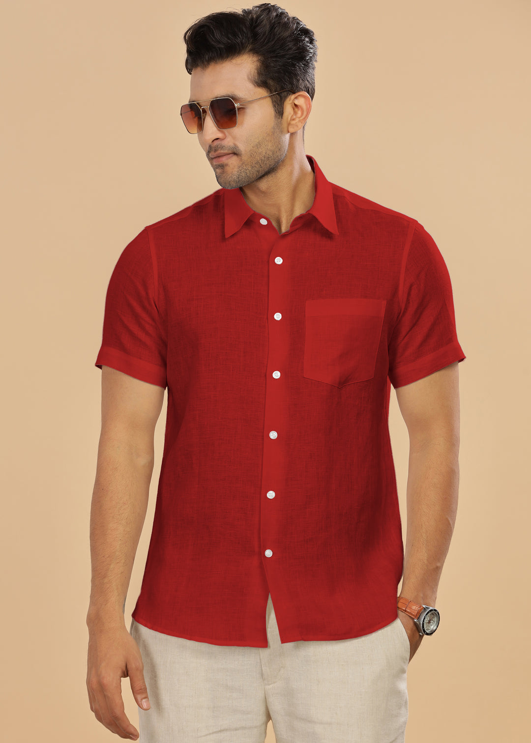 Ted - Pure Linen Half Sleeve Shirt - Mud Red