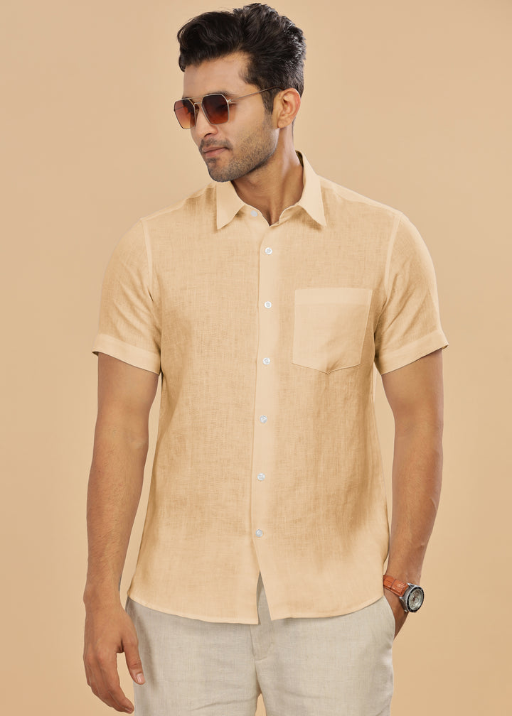 Ted - Pure Linen Half Sleeve Shirt - Light Tea Yellow
