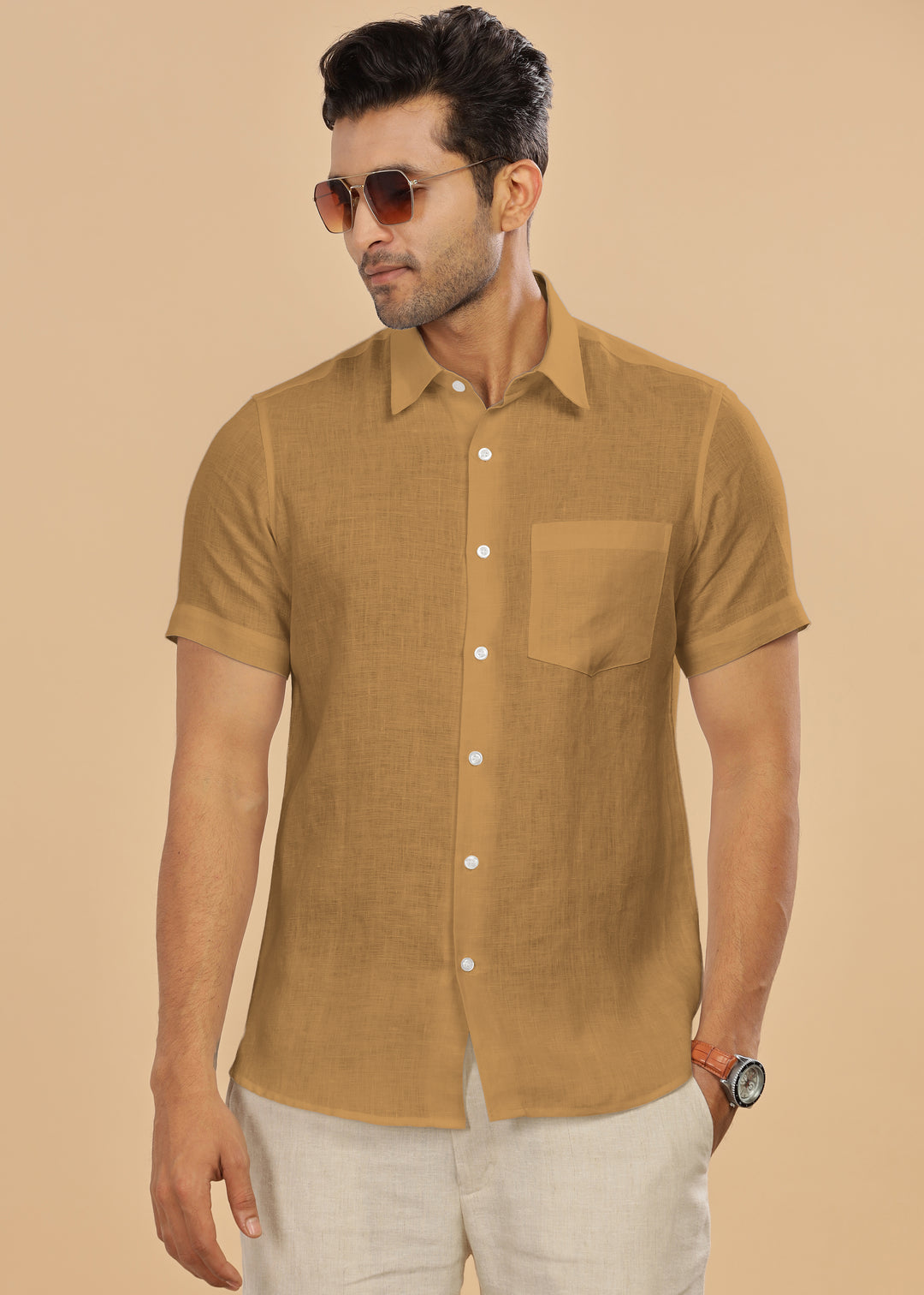 Ted - Pure Linen Half Sleeve Shirt - Mustard Brown