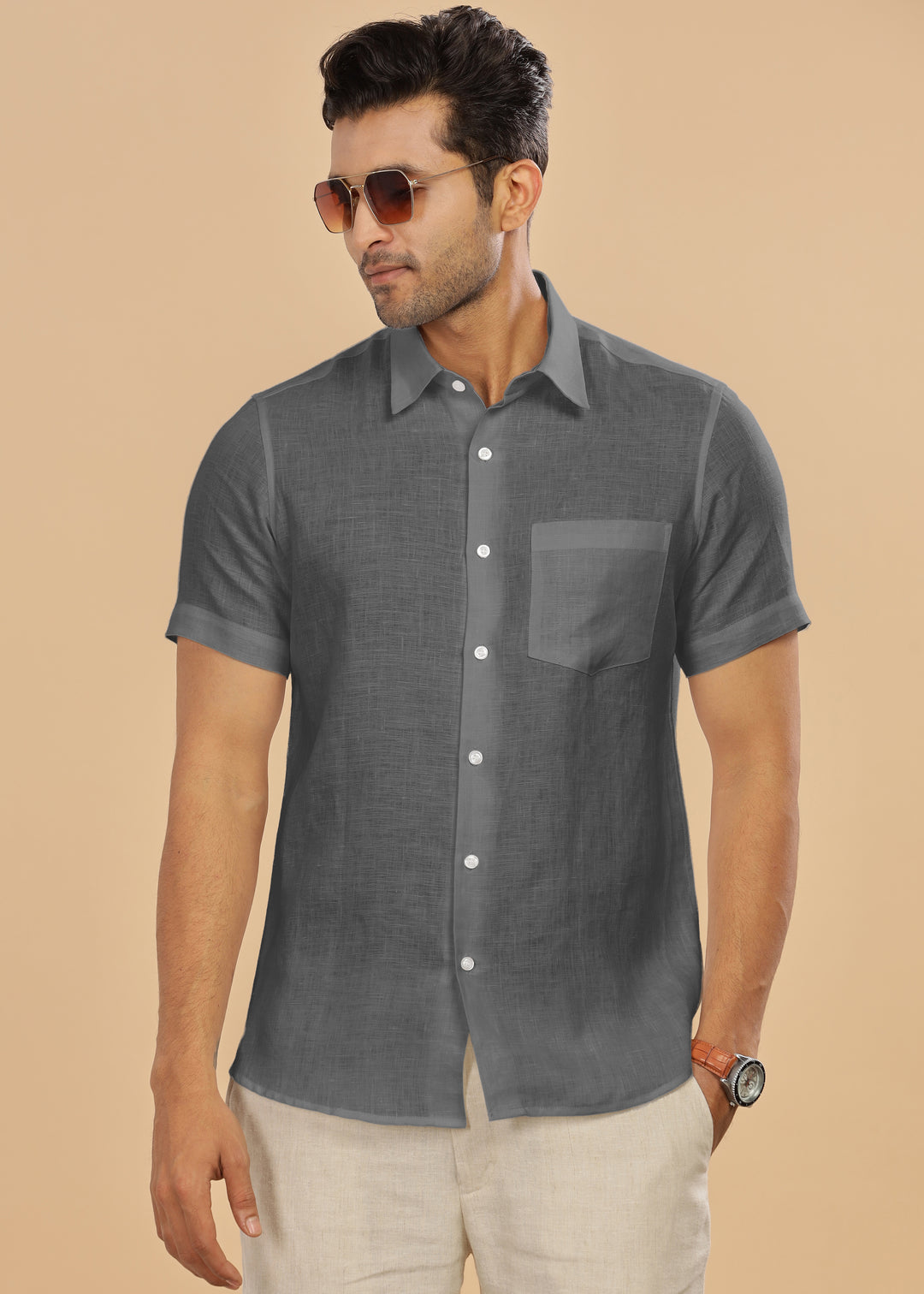 Ted - Pure Linen Half Sleeve Shirt - Charcoal Grey