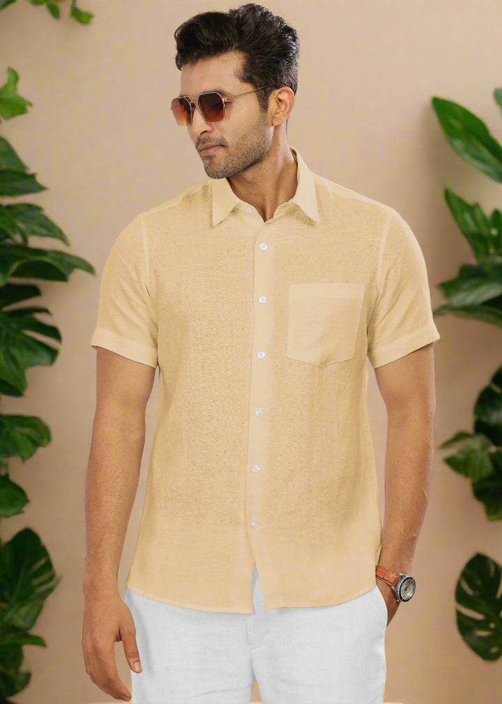 Ted - Pure Linen Half Sleeve Shirt - Light Tea Yellow