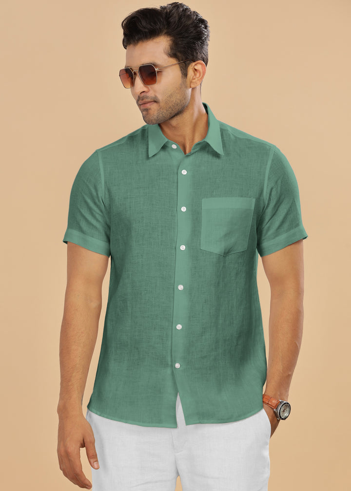 Ted - Pure Linen Half Sleeve Shirt - Spring Green