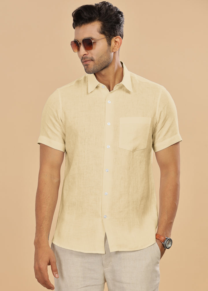 Ted - Pure Linen Half Sleeve Shirt - Light Yellow