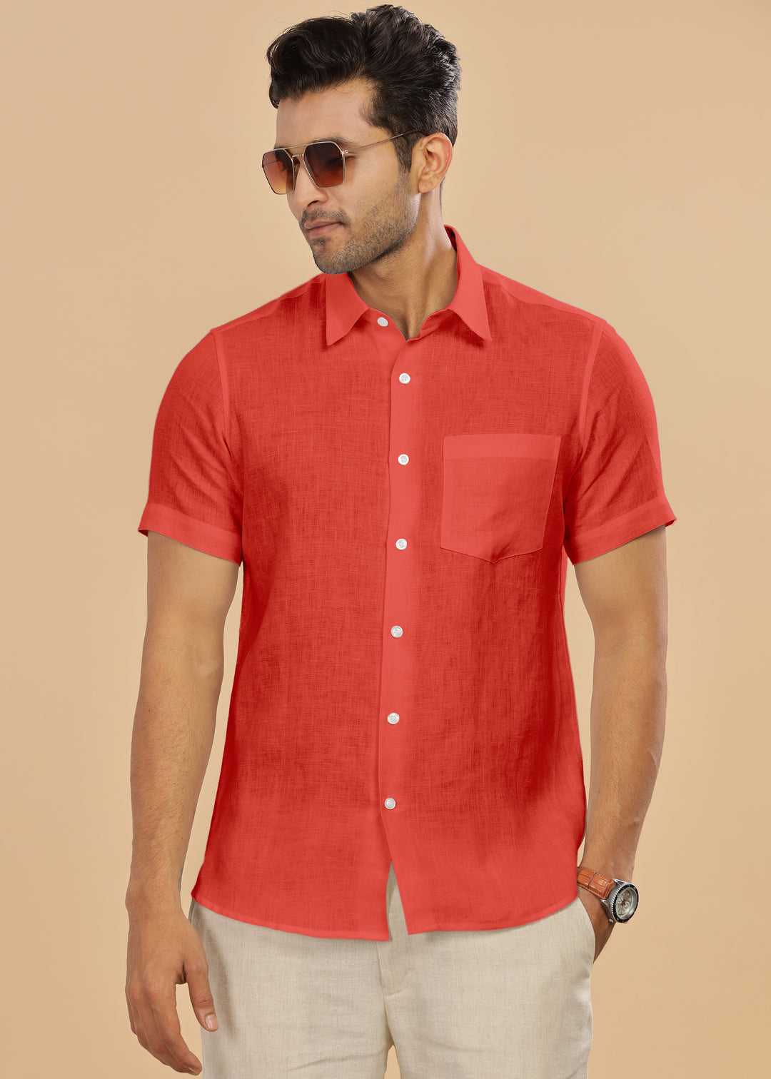 Ted - Pure Linen Half Sleeve Shirt - Dark Coral Peach