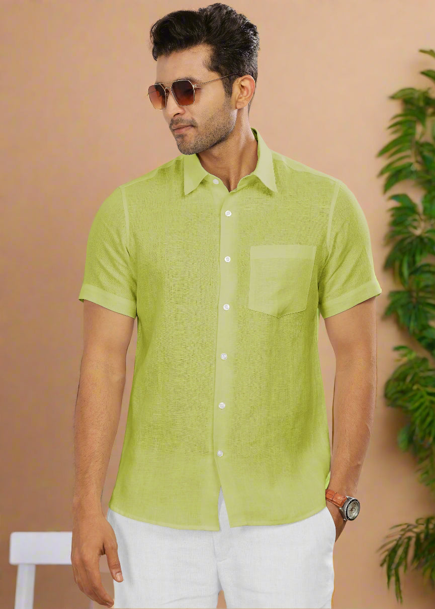 Ted - Pure Linen Half Sleeve Shirt - Lime Green