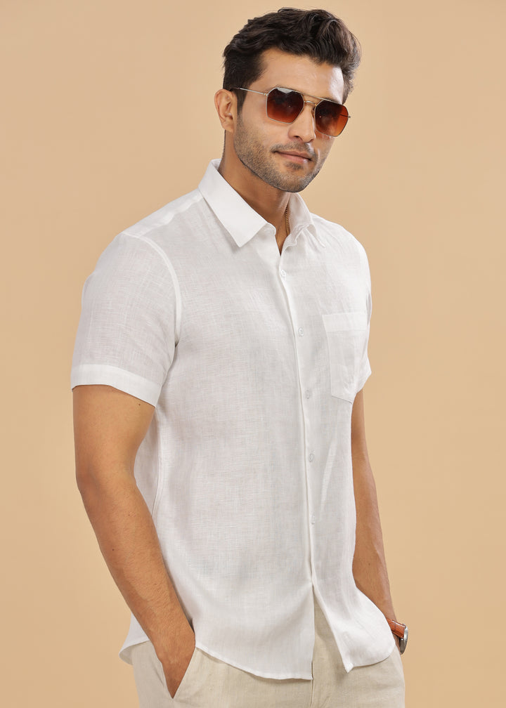 Ted - Pure Linen Half Sleeve Shirt - White