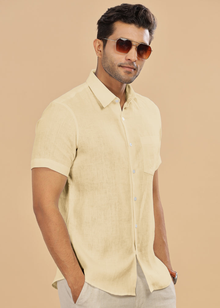 Ted - Pure Linen Half Sleeve Shirt - Light Yellow