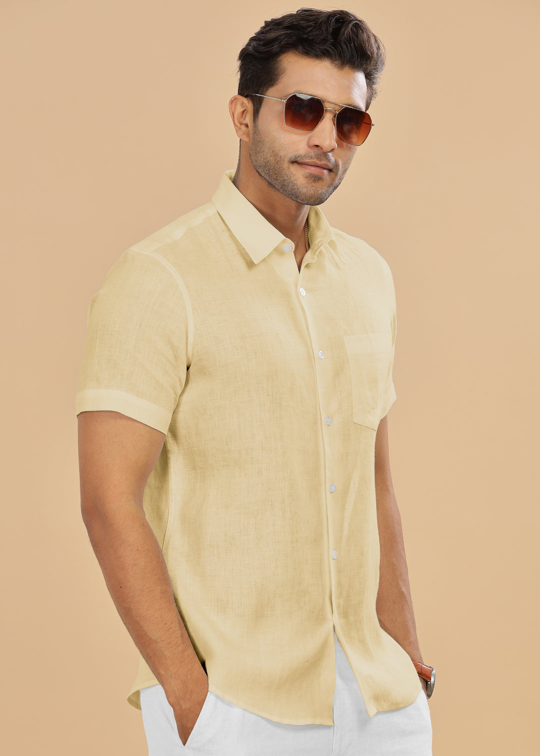 Ted - Pure Linen Half Sleeve Shirt - Light Yellow