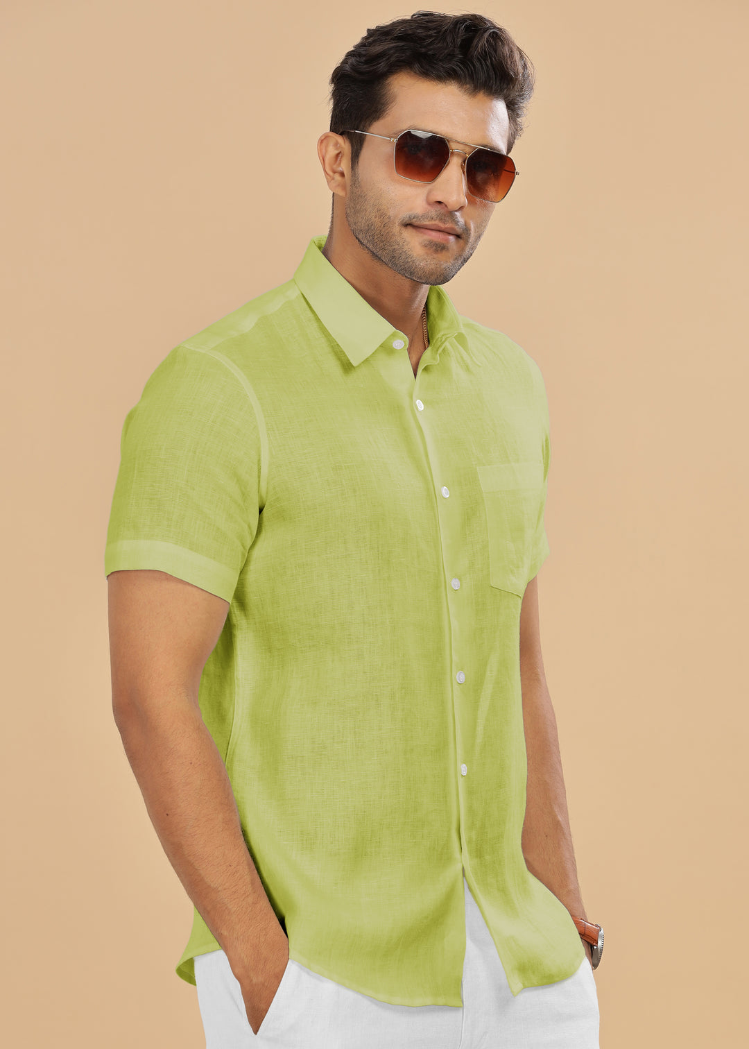 Ted - Pure Linen Half Sleeve Shirt - Lime Green