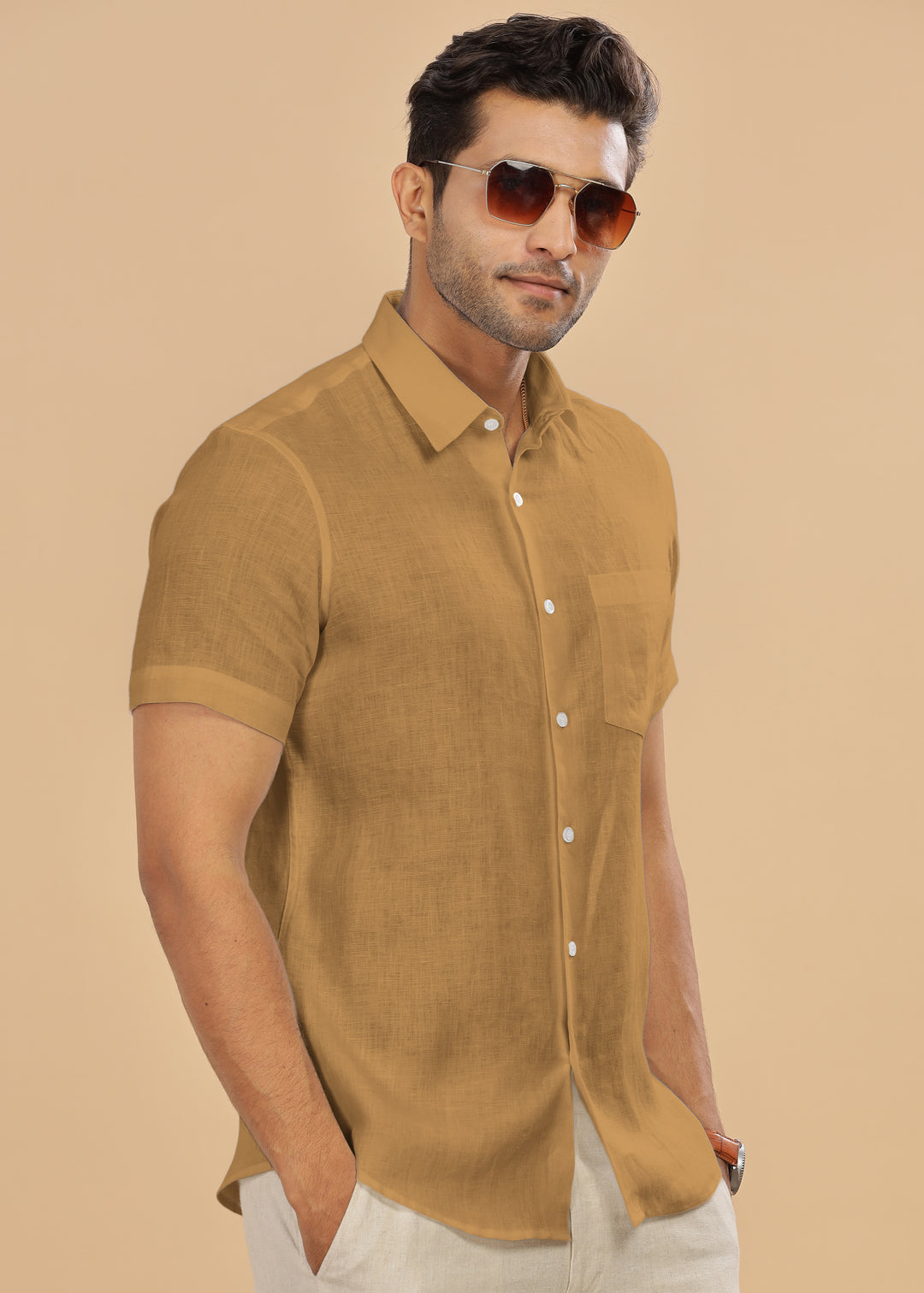 Ted - Pure Linen Half Sleeve Shirt - Mustard Brown