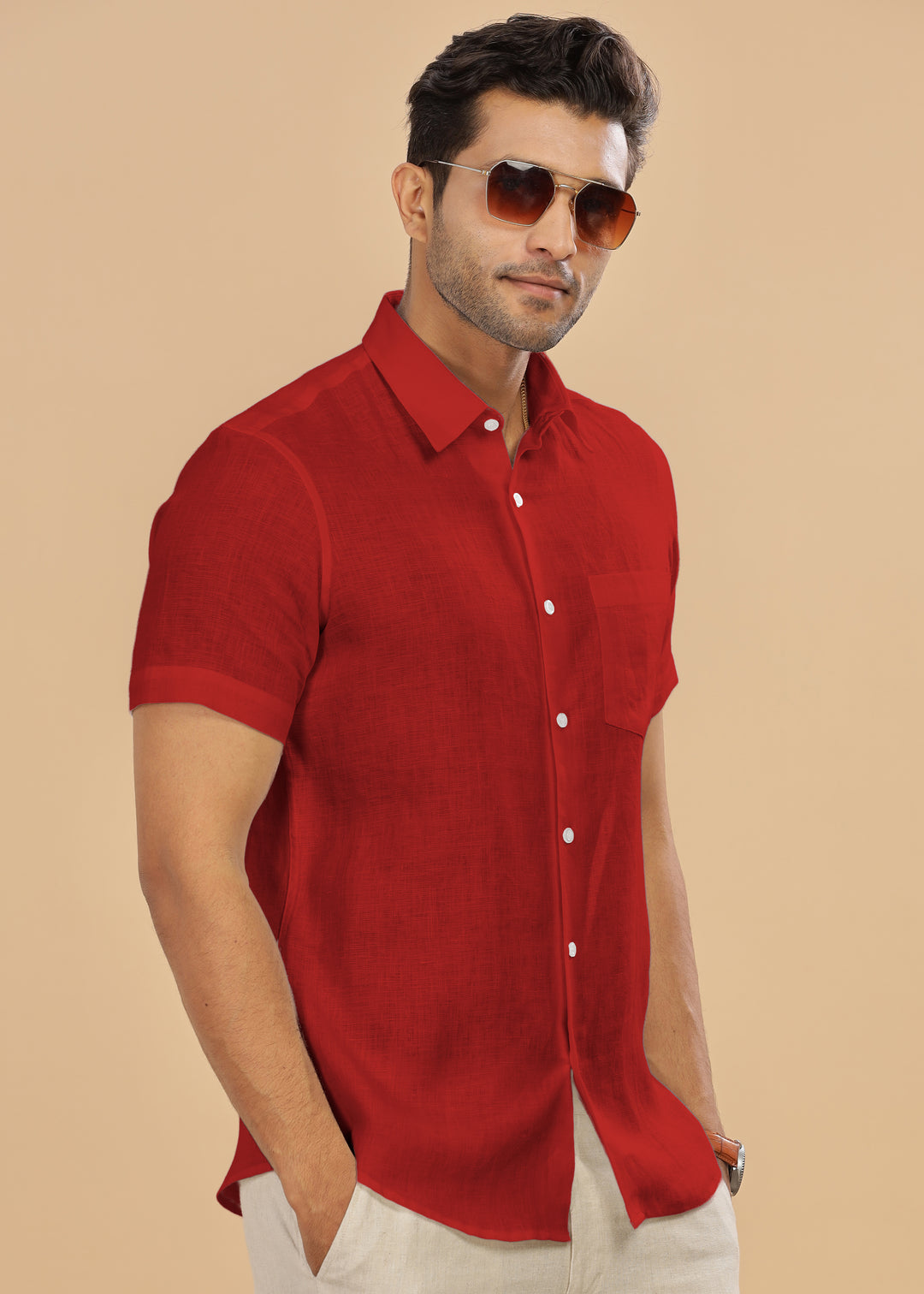 Ted - Pure Linen Half Sleeve Shirt - Mud Red