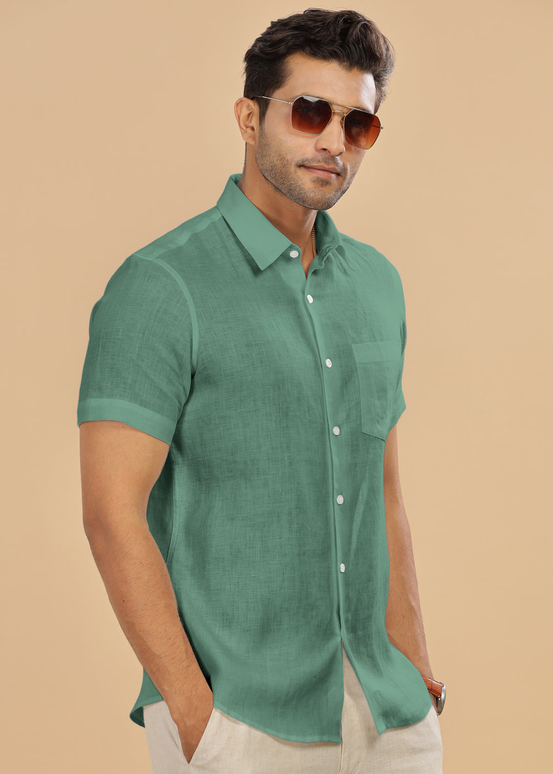 Ted - Pure Linen Half Sleeve Shirt - Spring Green