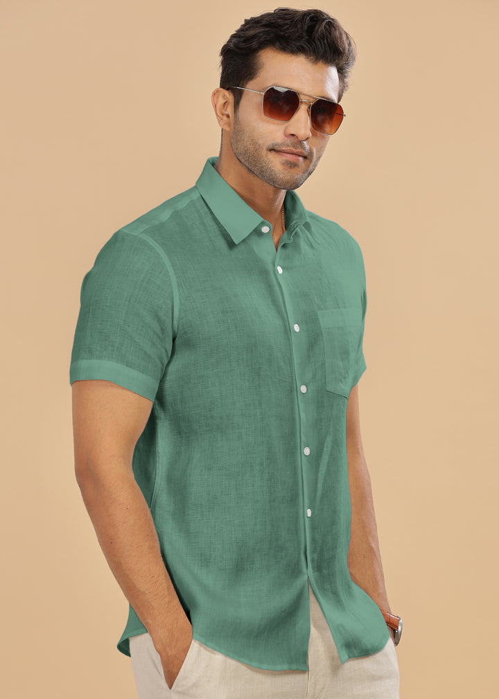 Ted - Pure Linen Half Sleeve Shirt - Spring Green