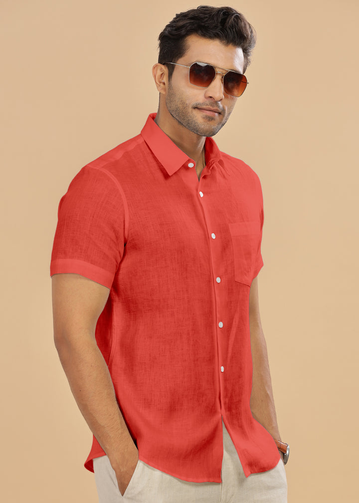 Ted - Pure Linen Half Sleeve Shirt - Dark Coral Peach