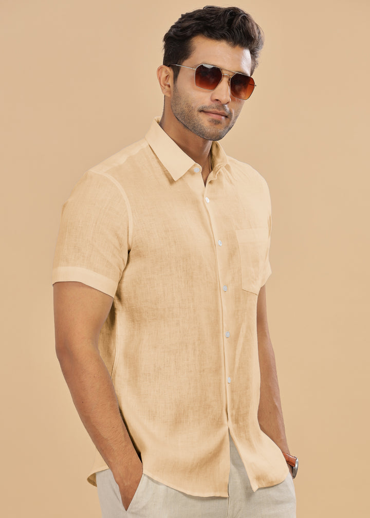 Ted - Pure Linen Half Sleeve Shirt - Light Tea Yellow