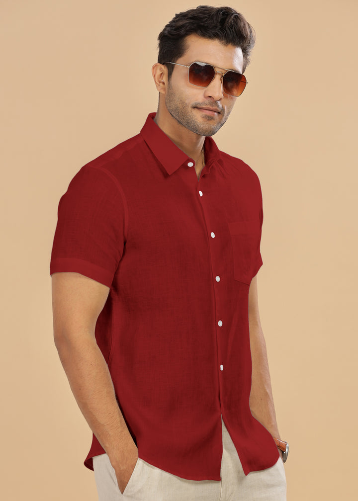 Ted - Pure Linen Half Sleeve Shirt - Mud Red