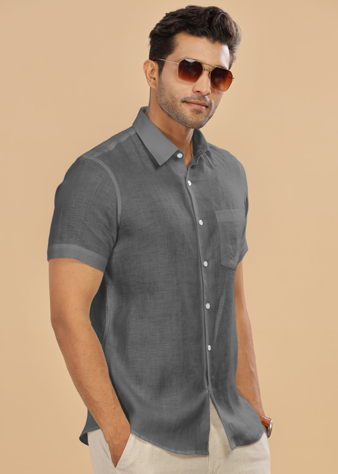 Ted - Pure Linen Half Sleeve Shirt - Charcoal Grey