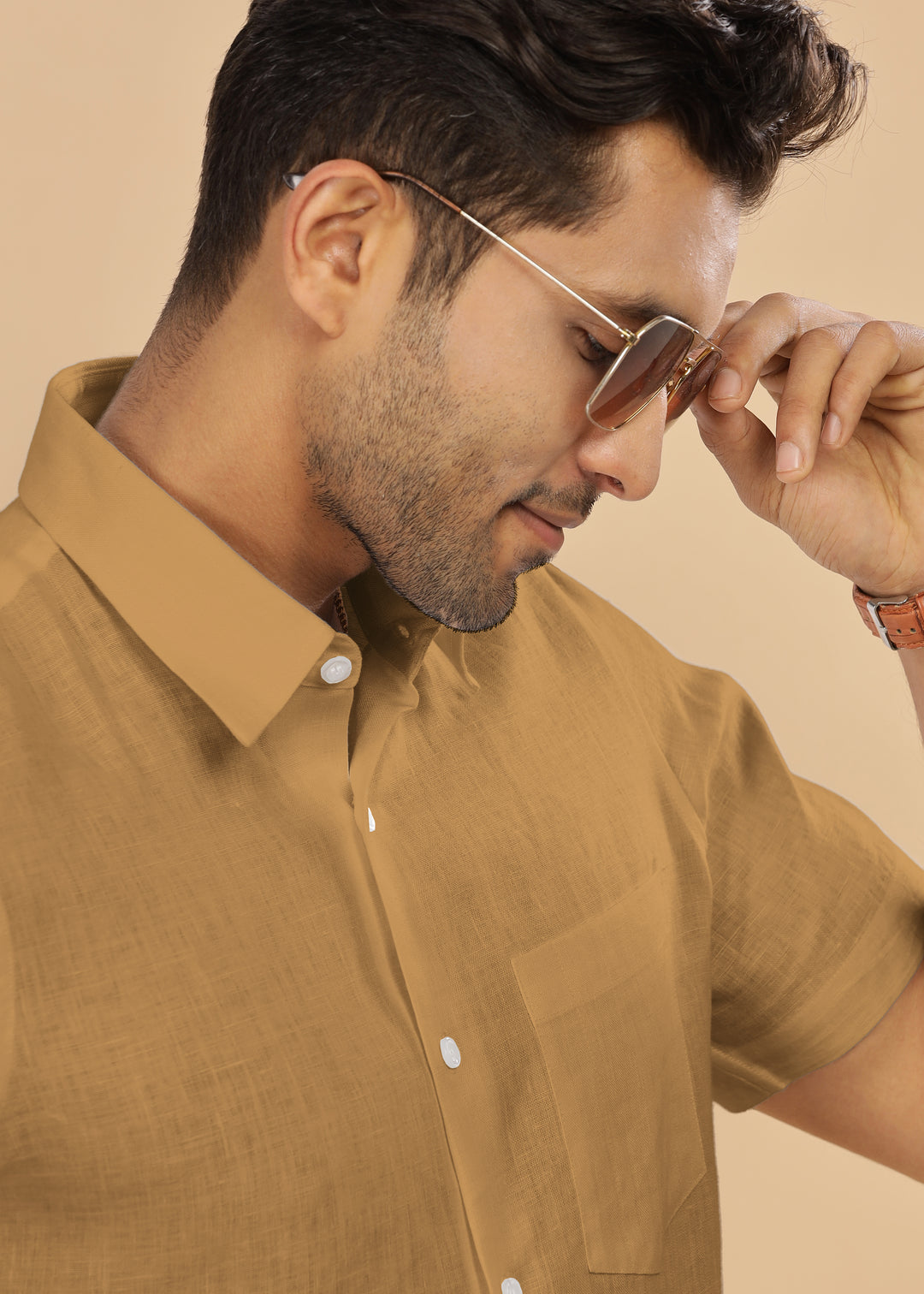 Ted - Pure Linen Half Sleeve Shirt - Mustard Brown