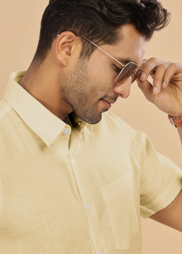 Ted - Pure Linen Half Sleeve Shirt - Light Yellow