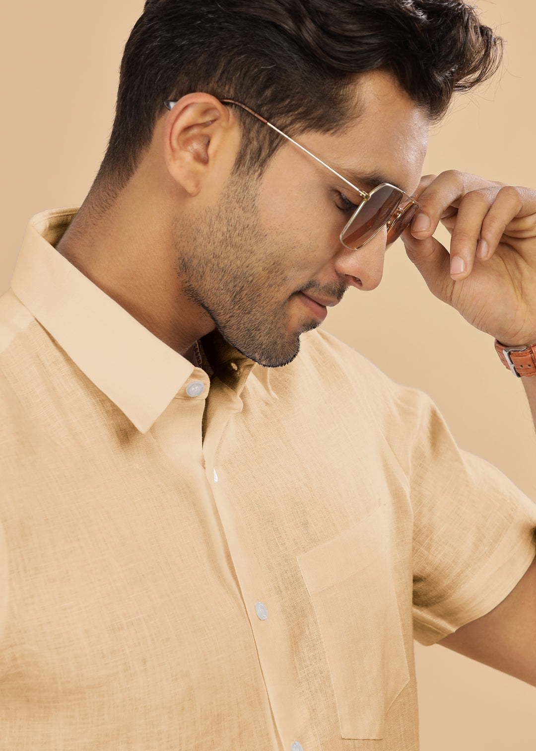 Ted - Pure Linen Half Sleeve Shirt - Light Tea Yellow