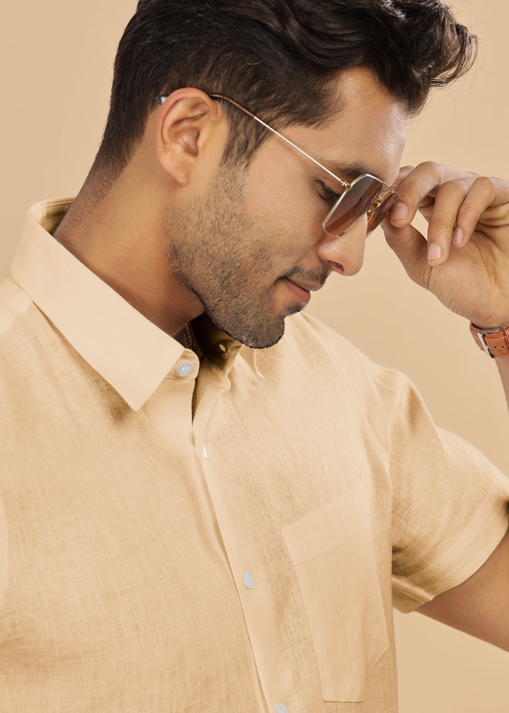 Ted - Pure Linen Half Sleeve Shirt - Light Tea Yellow