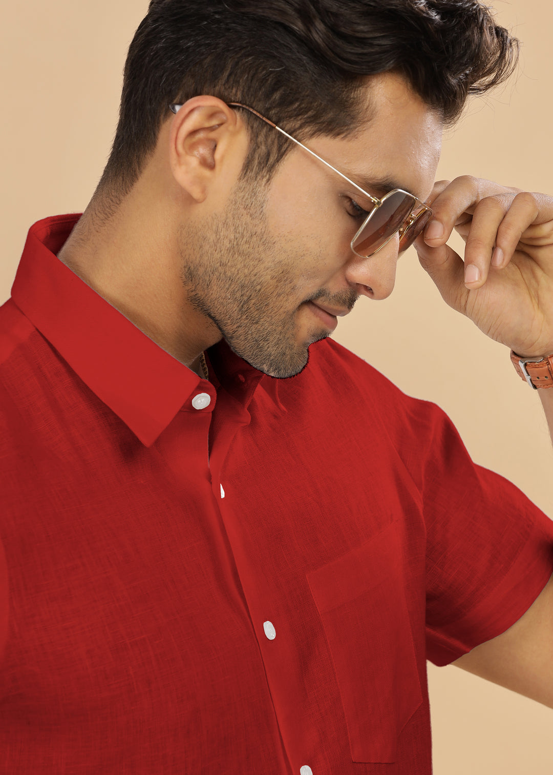 Ted - Pure Linen Half Sleeve Shirt - Mud Red