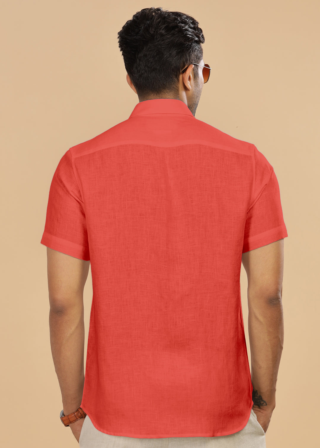 Ted - Pure Linen Half Sleeve Shirt - Dark Coral Peach