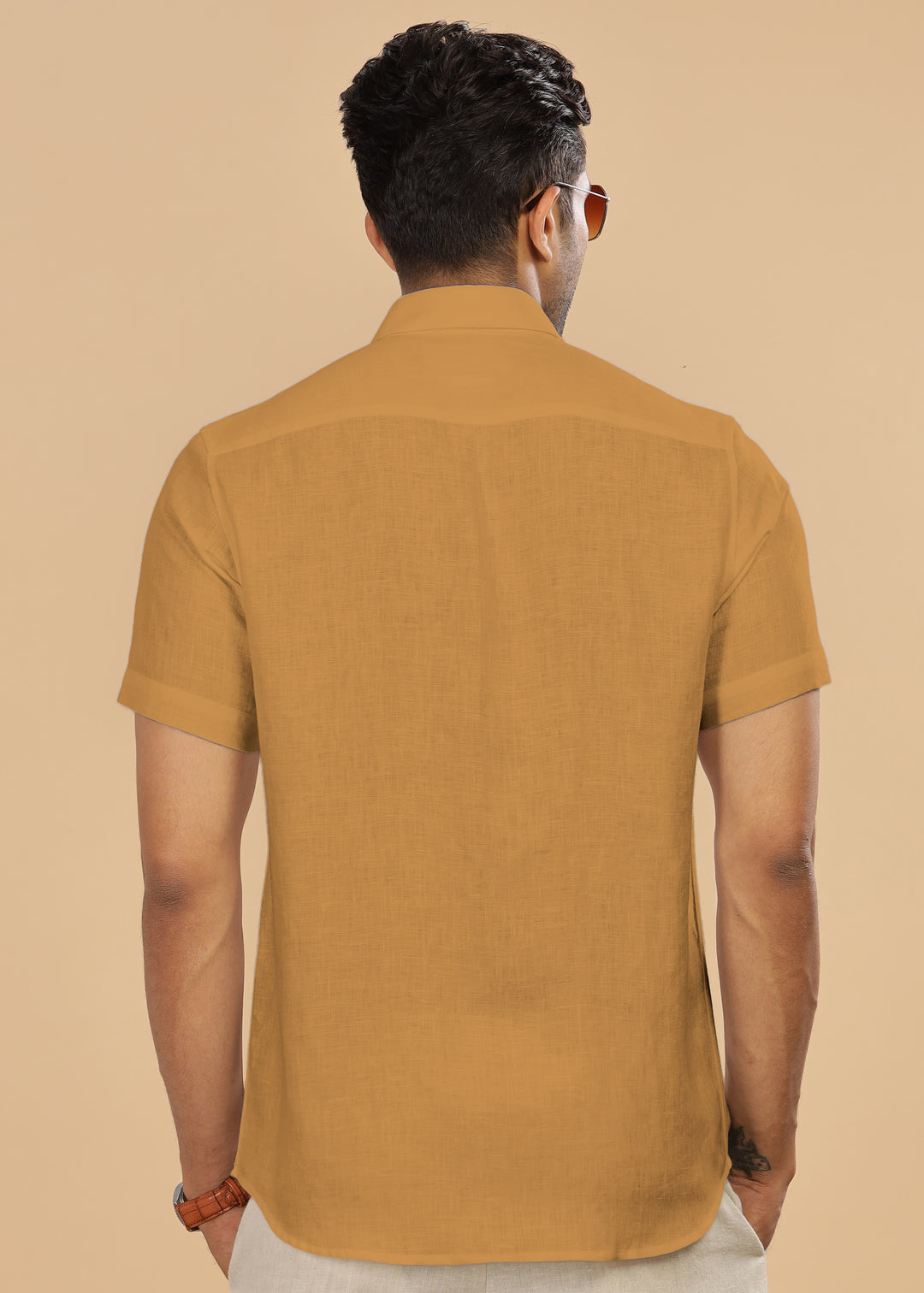 Ted - Pure Linen Half Sleeve Shirt - Mustard Brown