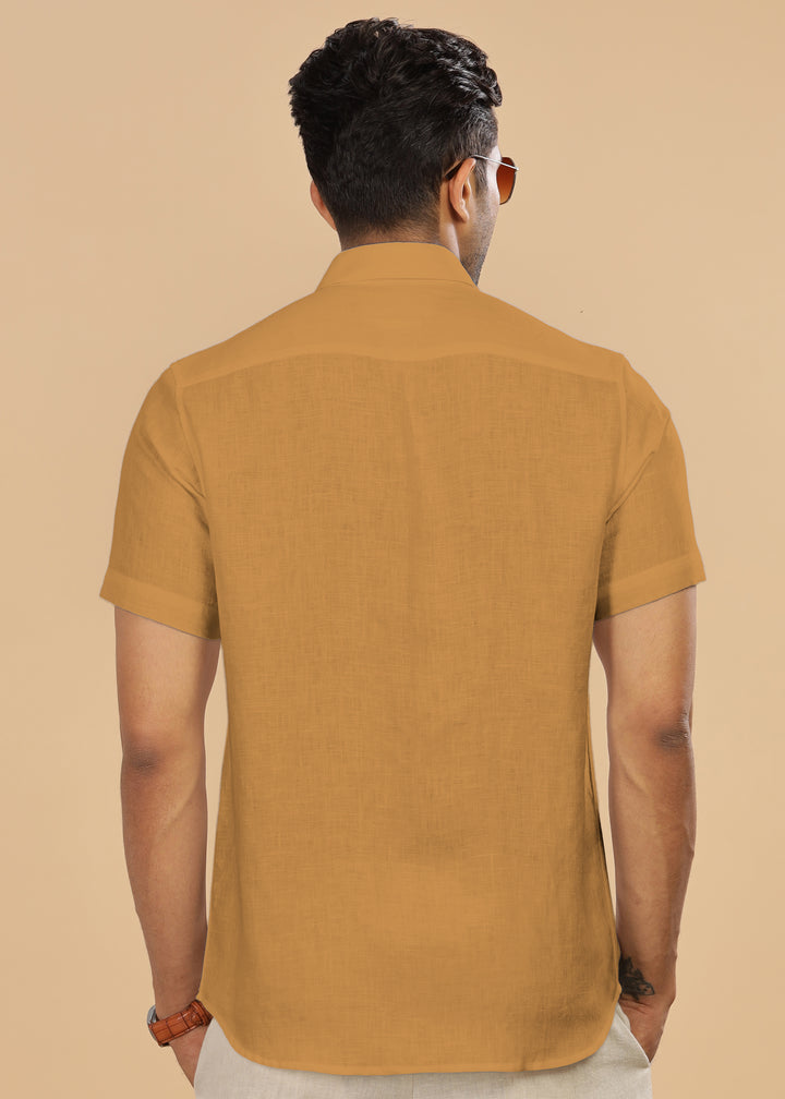 Ted - Pure Linen Half Sleeve Shirt - Mustard Brown