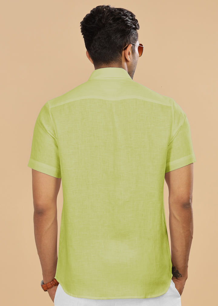 Ted - Pure Linen Half Sleeve Shirt - Lime Green