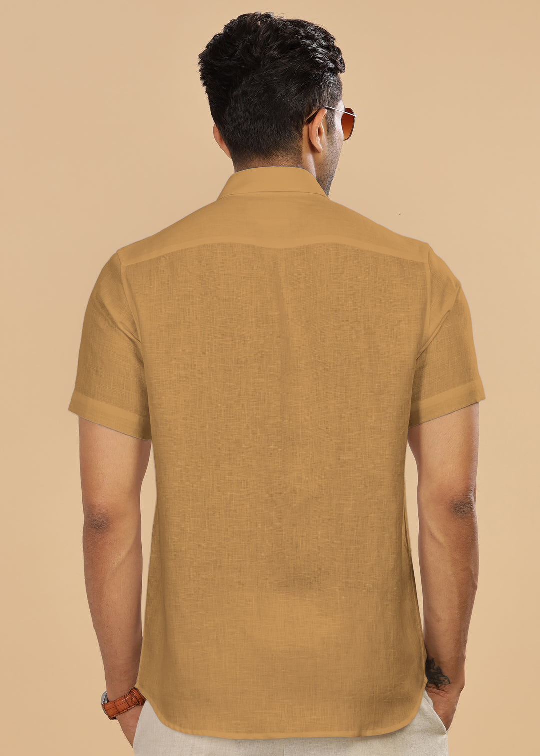 Ted - Pure Linen Half Sleeve Shirt - Mustard Brown