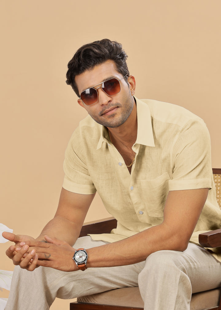 Ted - Pure Linen Half Sleeve Shirt - Light Yellow