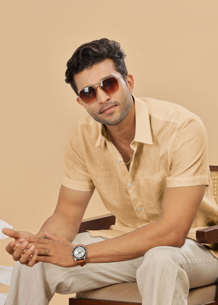 Ted - Pure Linen Half Sleeve Shirt - Light Tea Yellow