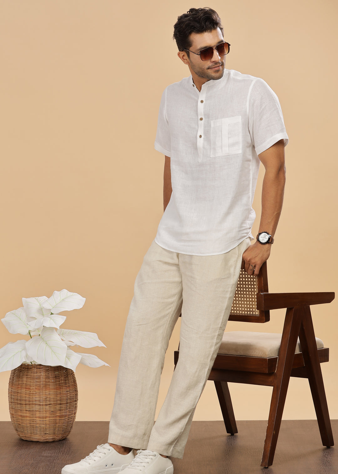 Vihaan - Half Sleeve Pure Linen Short Kurta - White