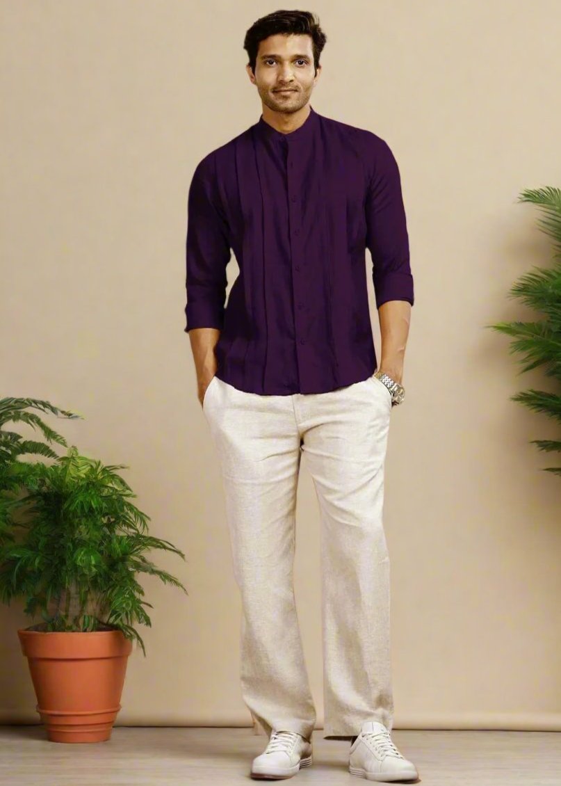 Stark - Pure Linen Full Sleeve Shirt With Band Collar & Space Tuck - Dark Purple