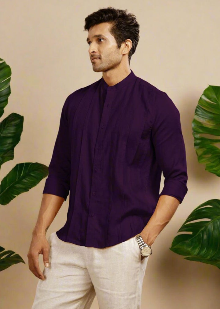 Stark - Pure Linen Full Sleeve Shirt With Band Collar & Space Tuck - Dark Purple