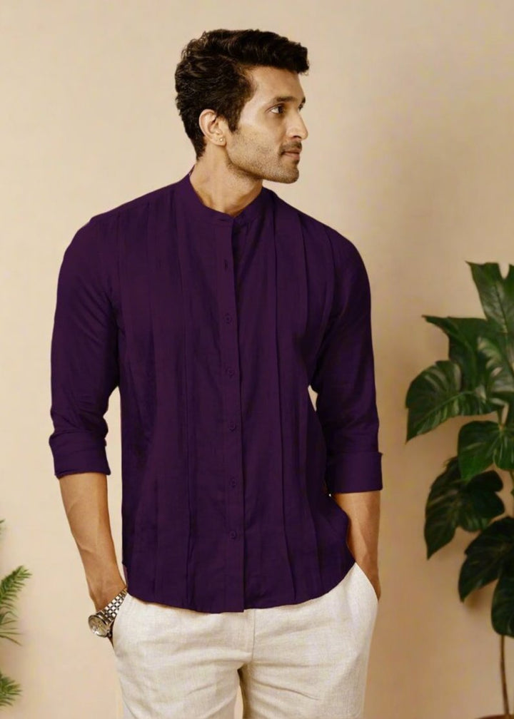 Stark - Pure Linen Full Sleeve Shirt With Band Collar & Space Tuck - Dark Purple