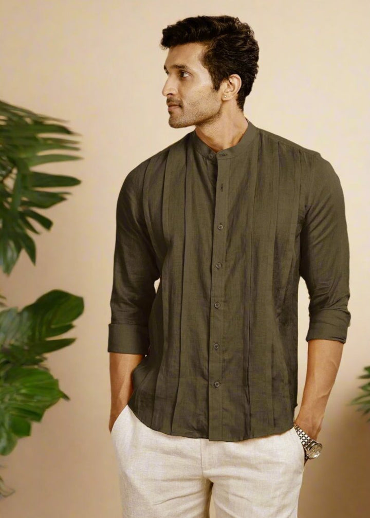 Stark - Pure Linen Full Sleeve Shirt With Band Collar & Space Tuck - Moss Green