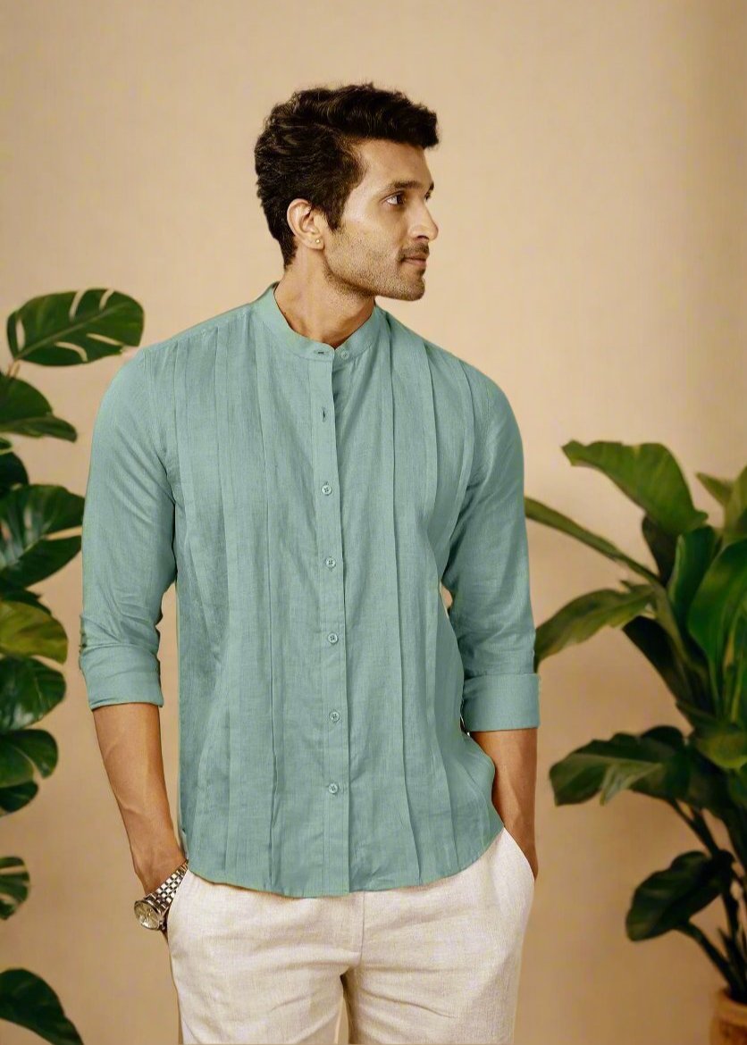 Stark - Pure Linen Full Sleeve Shirt With Band Collar & Space Tuck - Smoke Green