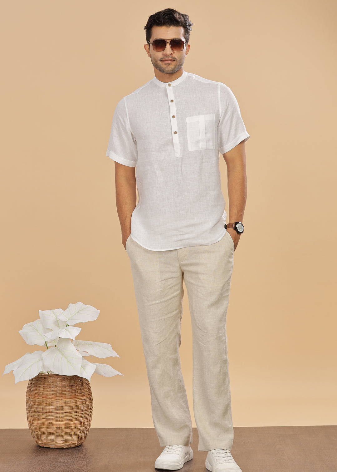 Vihaan - Half Sleeve Pure Linen Short Kurta - White