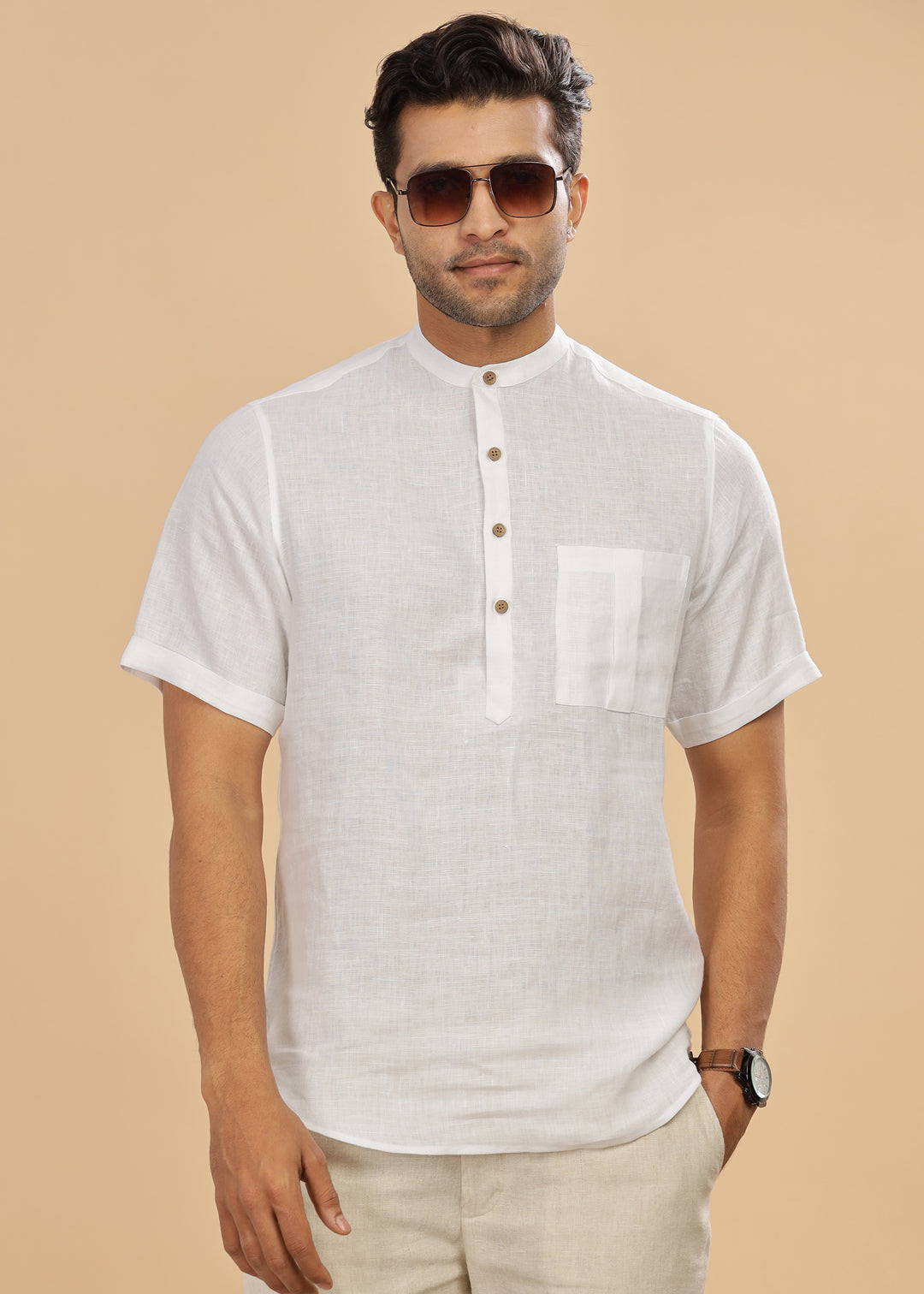 Vihaan - Half Sleeve Pure Linen Short Kurta - White