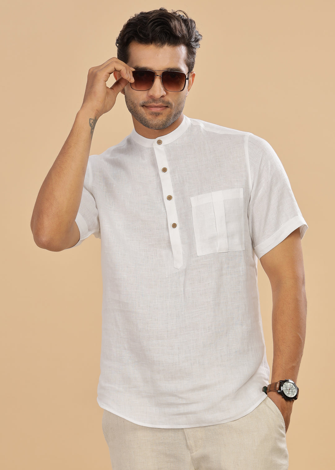 Vihaan - Half Sleeve Pure Linen Short Kurta - White