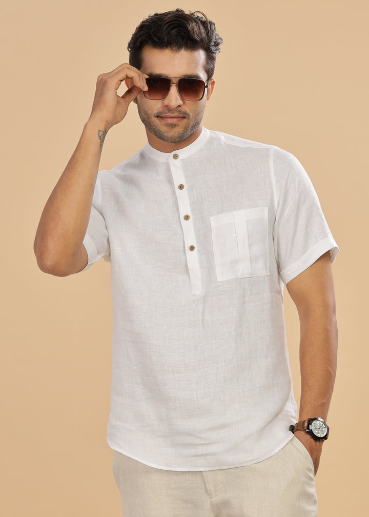 Vihaan - Half Sleeve Pure Linen Short Kurta - White