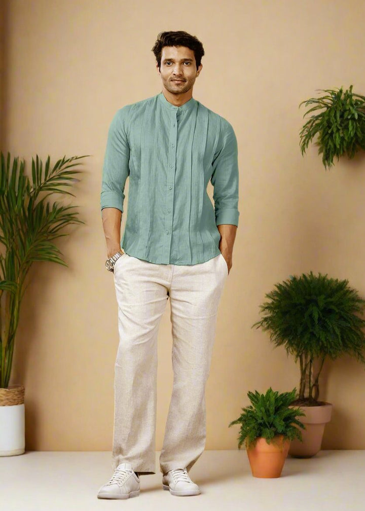 Stark - Pure Linen Full Sleeve Shirt With Band Collar & Space Tuck - Smoke Green