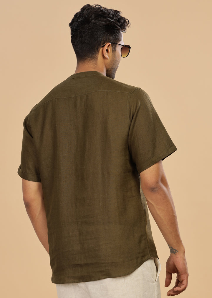 Vihaan - Half Sleeve Pure Linen Short Kurta - Moss Green