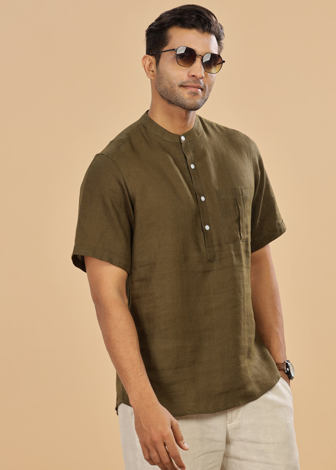 Vihaan - Half Sleeve Pure Linen Short Kurta - Moss Green